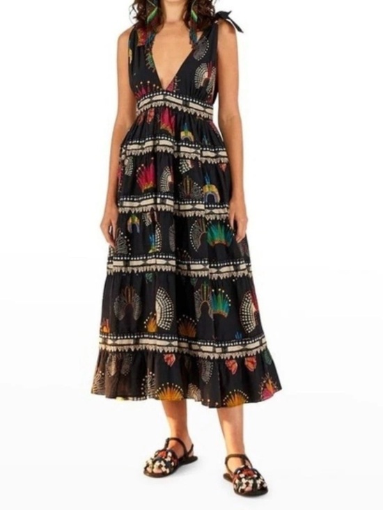 FARM Rio Dresses & Skirts - FARM Rio Wonderful Headdress V-Neck Midi Dress Xl Tiered Multicolor Print
